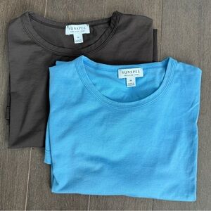 Sunspel Men's Tees in Sky Blue & Brown with grey tone (Medium, Made in England)